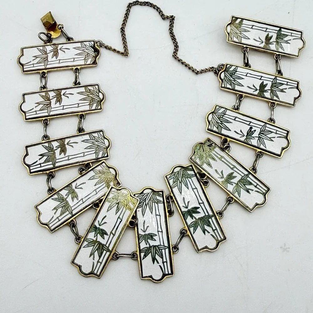 Vintage Japanese Satsuma Bamboo Bracelet Inlay Link Panel Security Chain Read